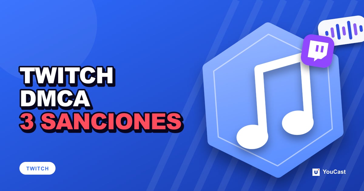 DMCA y derechos de autor en Twitch: VOD silenciados, sanciones y contranotificaciones Portada con el titular «TWITCH DMCA 3 SANCIONES»