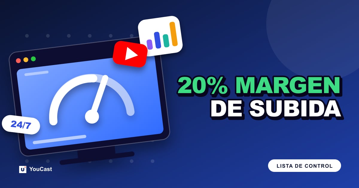 Consejos de transmisión de YouTube: 20 % de margen de ancho de banda y un codificador de respaldo Portada con el titular «20% MARGEN DE SUBIDA»