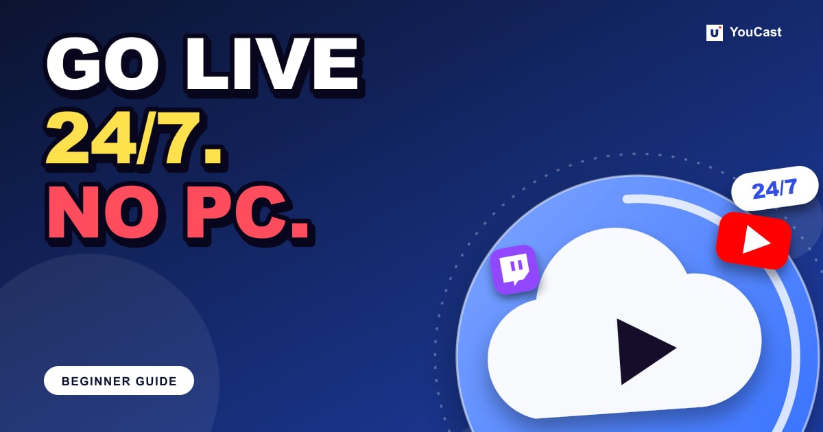 Cover graphic with the headline "GO LIVE 24/7. NO PC." and a cloud with a play button and YouTube, Twitch, Kick and…