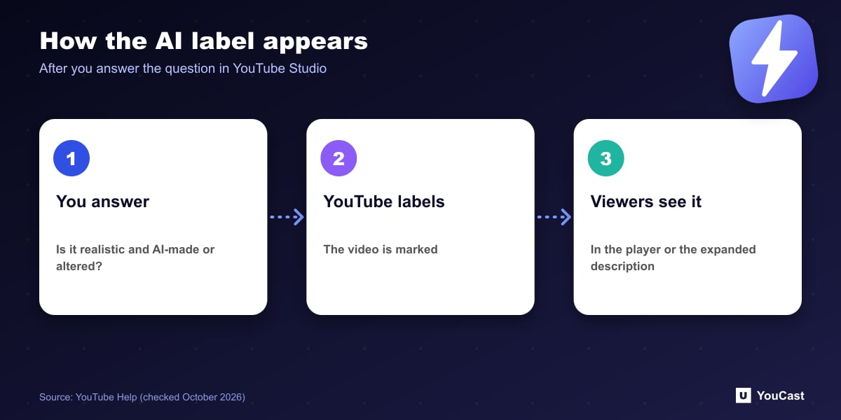 Flow of the YouTube AI label: creator answers in Studio, YouTube adds a label, viewers see it in the player or description