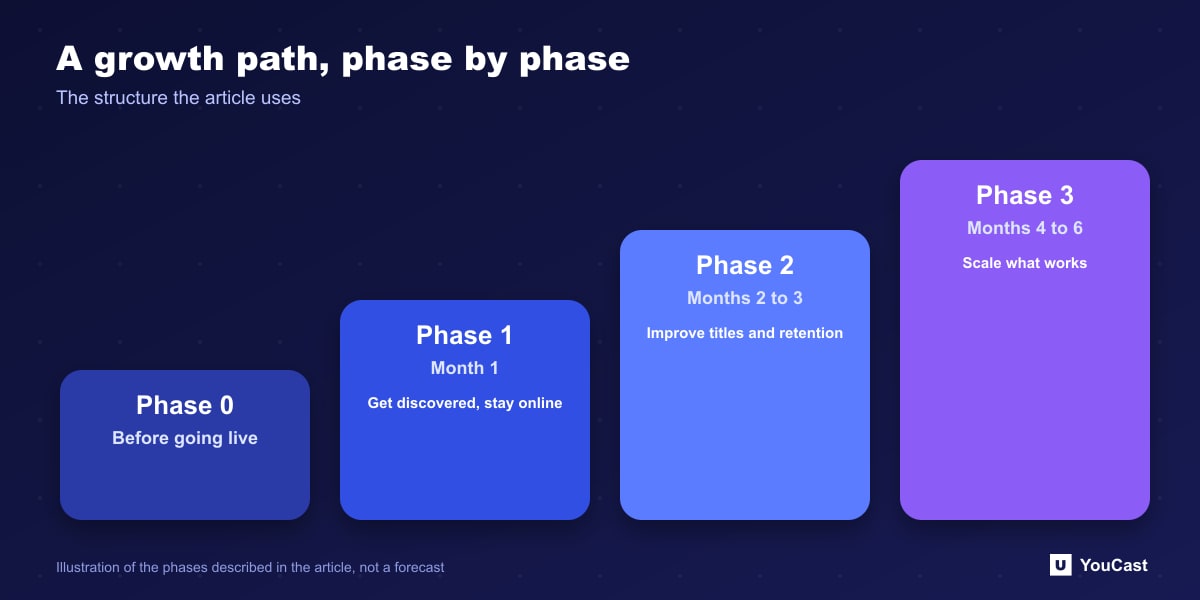 A growth path, phase by phase Staircase diagram of four growth phases for a 24/7 streaming channel