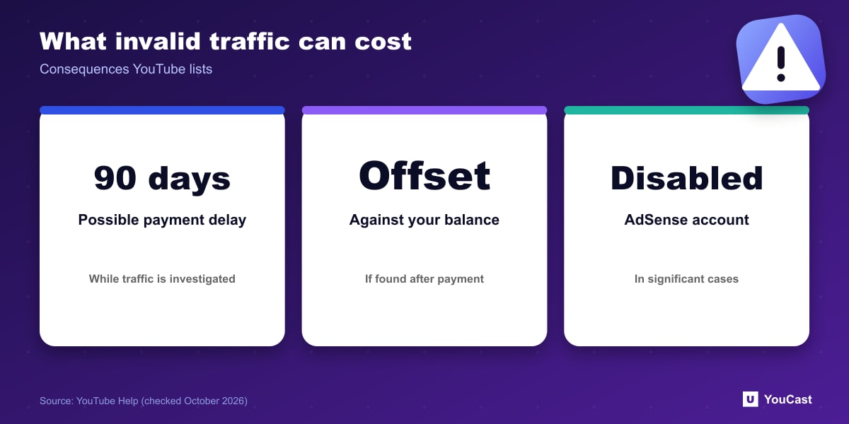 What invalid traffic can cost Three consequences of invalid traffic on YouTube: 90-day payment delay, balance offsets, account suspension