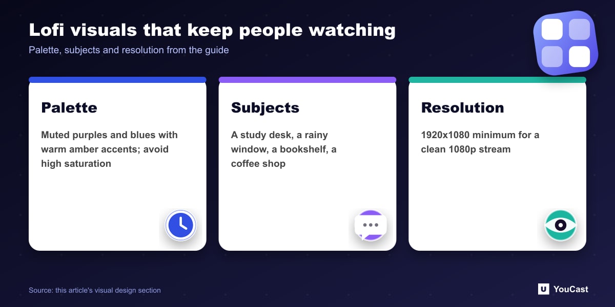 Lofi visuals that keep people watching Three cards with lofi visual design guidance: calm palette, focus-related subjects and a 1080p minimum resolution