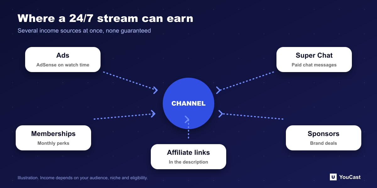 Diagram of income sources for a 24/7 YouTube live stream channel