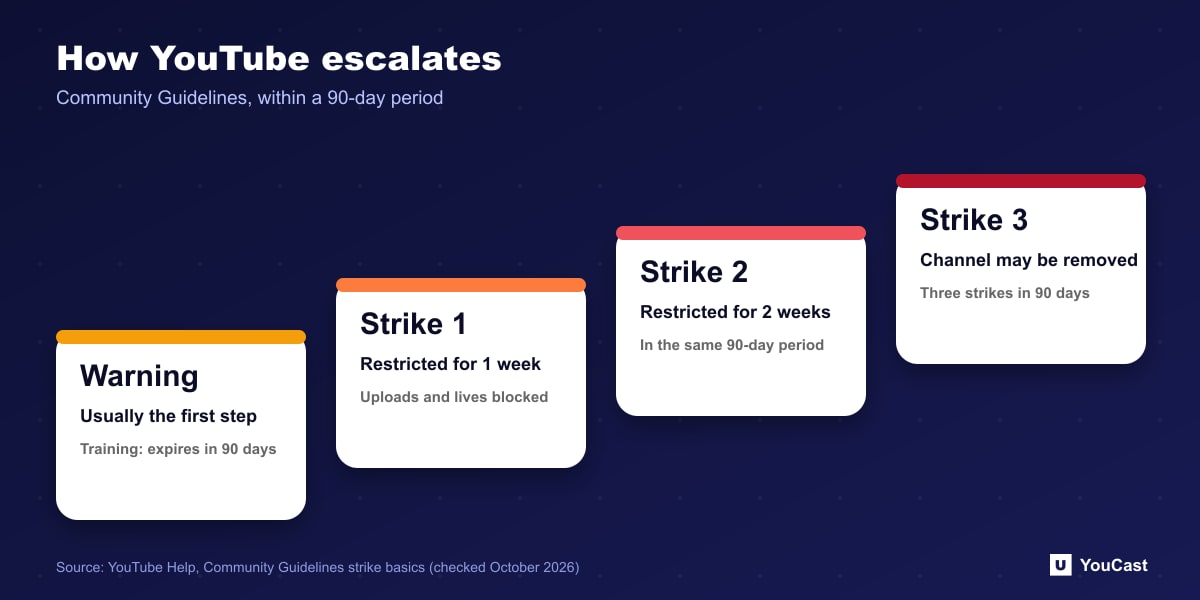 How YouTube escalates Staircase from warning to first, second and third strike on YouTube