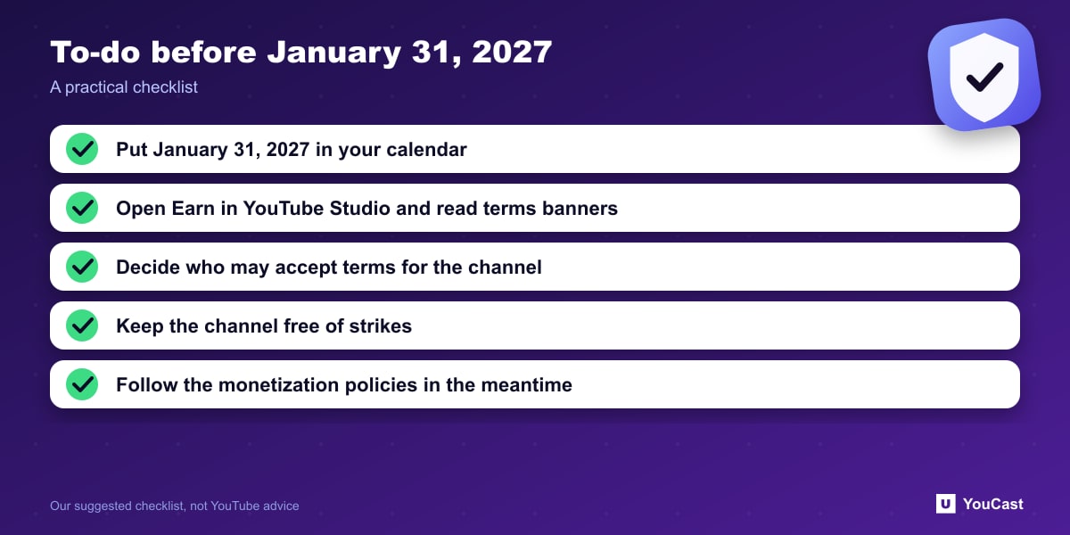 To-do before January 31, 2027 Five-item checklist for creators to prepare for the YouTube Partner Program terms update deadline
