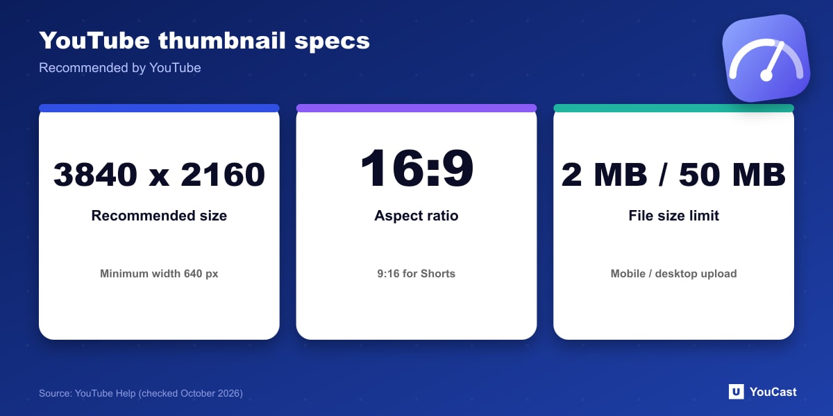 YouTube thumbnail specs Three YouTube thumbnail specs: 3840 by 2160 pixels, 16:9 aspect ratio, and 2 MB mobile or 50 MB desktop file limits