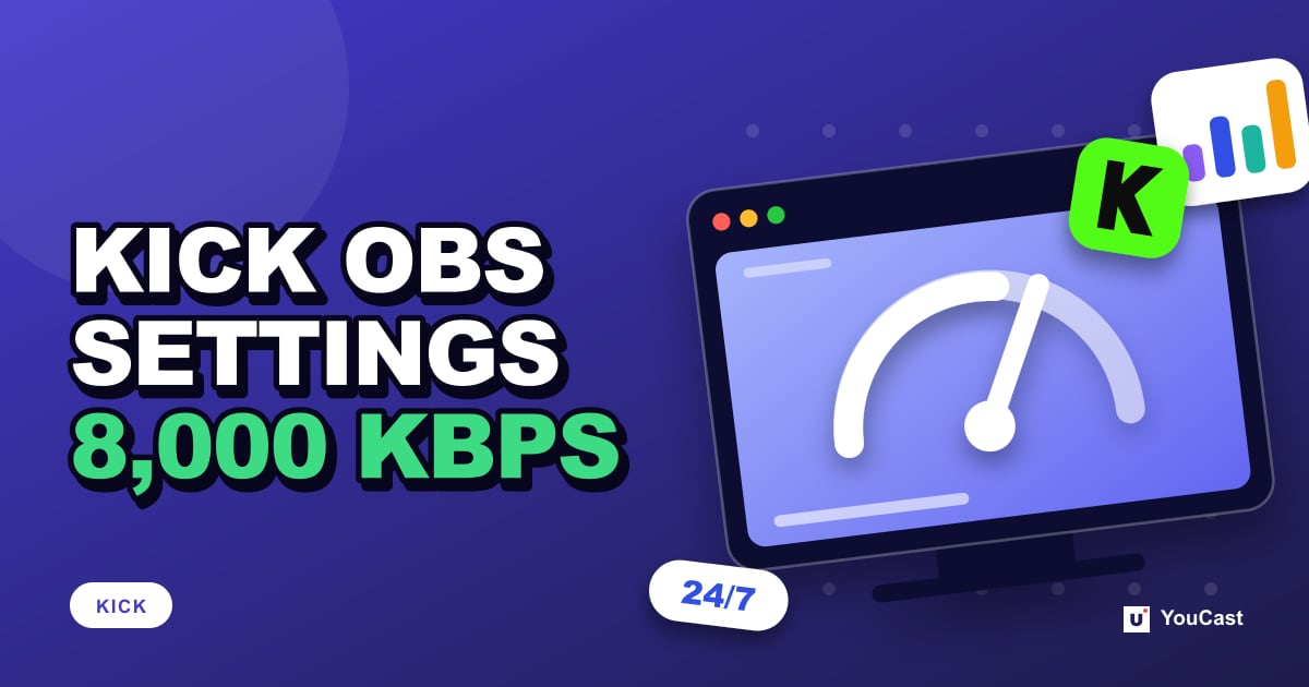 Cover graphic with the headline "KICK OBS SETTINGS 8,000 KBPS" and a gauge and the Kick icon