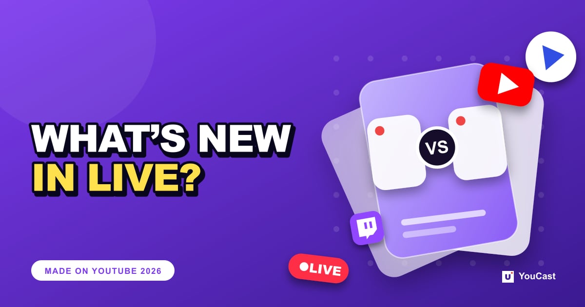 Made on YouTube 2026: What the Live Updates Mean for 24/7 Streamers Cover graphic with the headline "WHAT'S NEW IN LIVE?" and two live tiles with a versus badge
