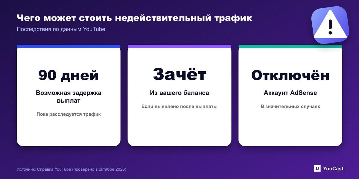 Чего может стоить недействительный трафик Три последствия недействительного трафика на YouTube: задержка выплат до 90 дней, зачёты из баланса, приостановка аккаунта