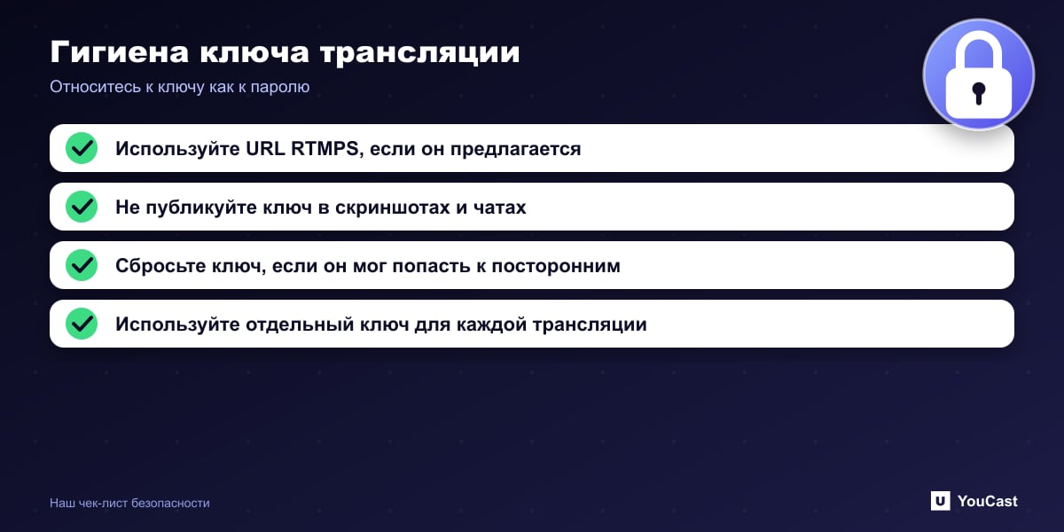 Гигиена ключа трансляции Чек-лист безопасности ключа трансляции из четырёх пунктов для YouTube Live и приёма по RTMPS