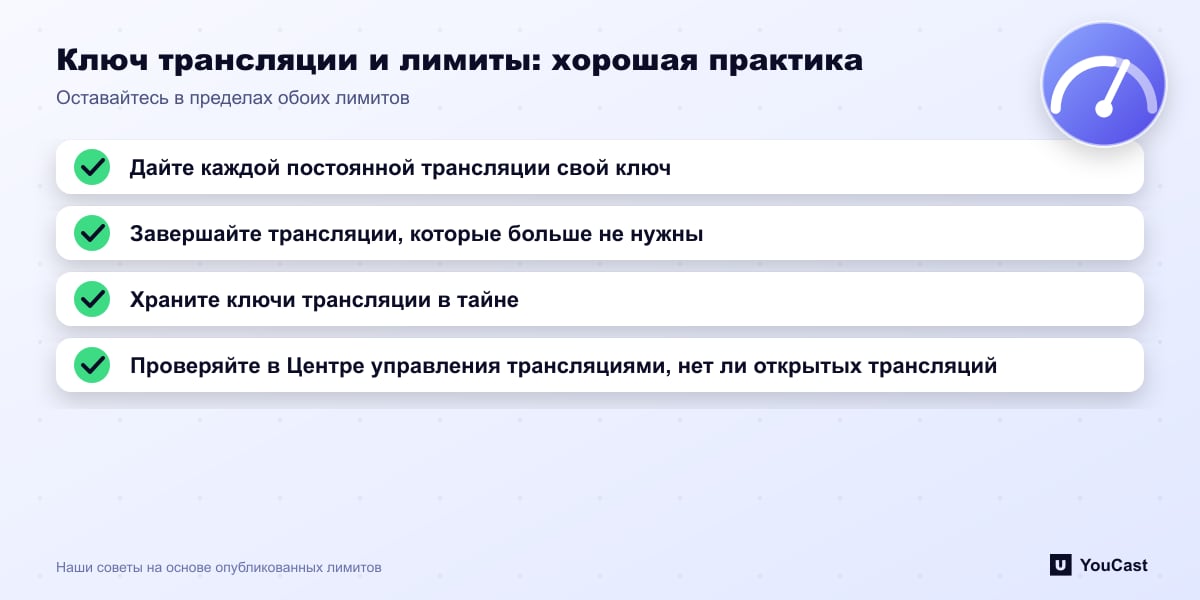 Ключ трансляции и лимиты: хорошая практика Четыре правила хорошей практики для ключей трансляции и активных трансляций в YouTube Live