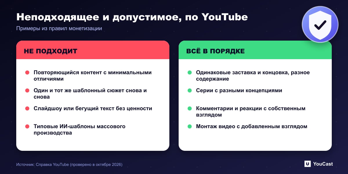 Неподходящее и допустимое, по YouTube Двухколоночное сравнение контента, который YouTube называет неподходящим для монетизации, и контента, остающегося допустимым