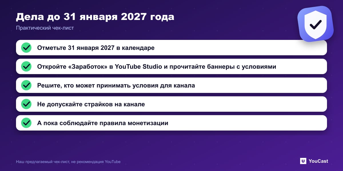 Дела до 31 января 2027 года Чек-лист из пяти пунктов для авторов к сроку обновления условий Партнёрской программы YouTube