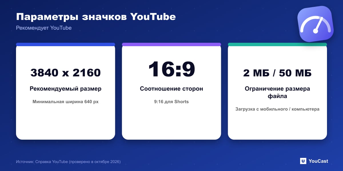 Параметры значков YouTube Три параметра значков YouTube: 3840 на 2160 пикселей, соотношение сторон 16:9 и ограничения файла 2 МБ на мобильных или 50 МБ на компьютере