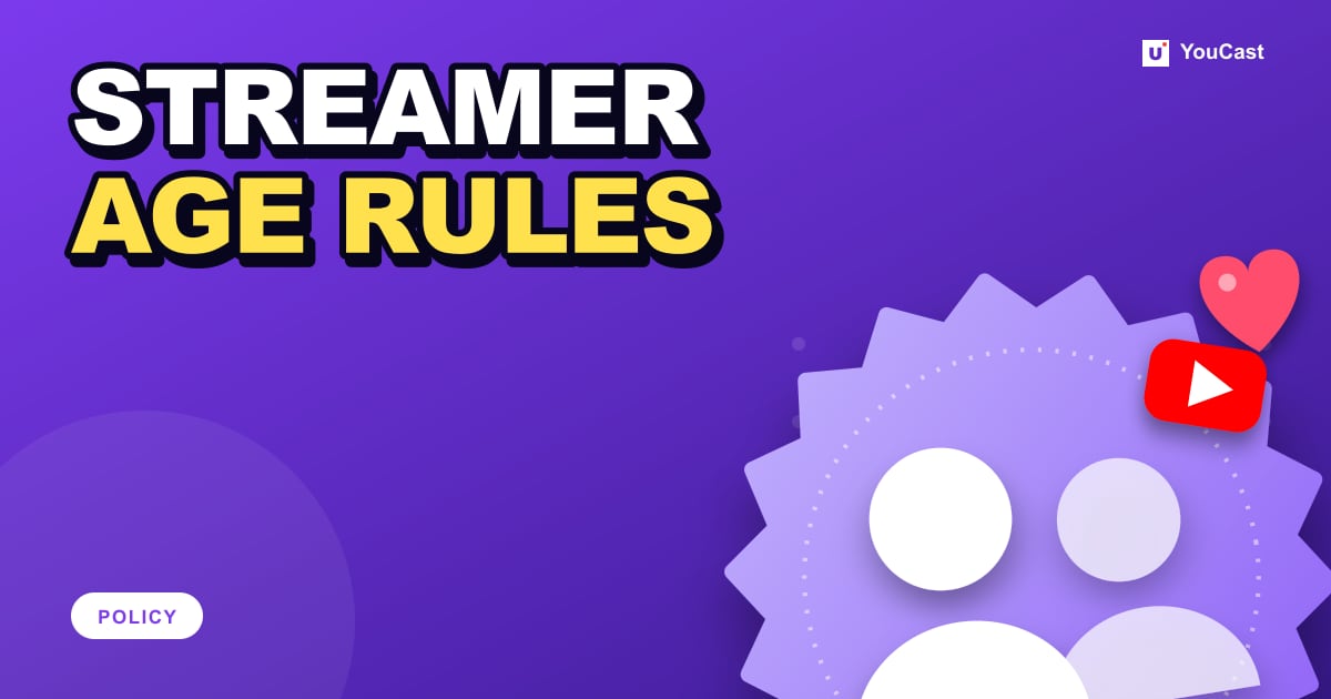 Streamer Age Rules: YouTube 16+, Twitch Monetization at 13 With Consent Cover graphic with the headline "STREAMER AGE RULES" and a group of people with YouTube and Twitch icons