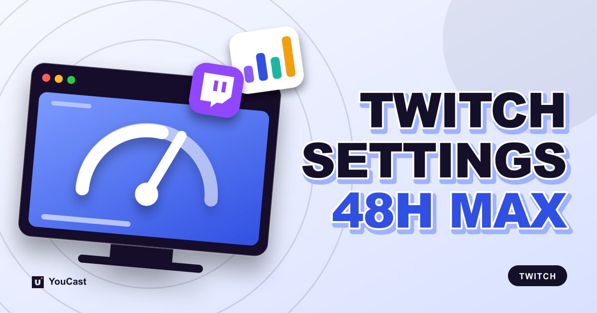 Twitch Broadcast Settings: CBR, 6,000 kbps and the 48-Hour Limit Cover graphic with the headline "TWITCH SETTINGS 48H MAX" and a gauge with a Twitch badge