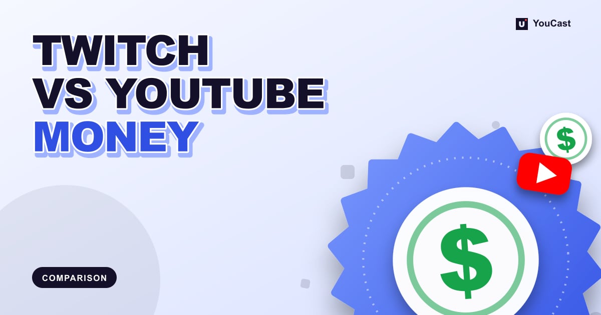 Twitch vs YouTube Monetization: Subs, Bits, Supers and Thresholds Cover graphic with the headline "TWITCH VS YOUTUBE MONEY" and a coin with a green dollar sign