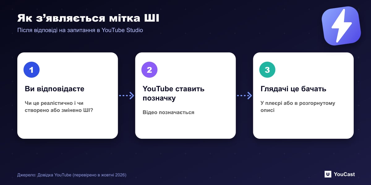 Як з’являється мітка ШІ Схема мітки ШІ на YouTube: автор відповідає в Studio, YouTube додає мітку, глядачі бачать її в плеєрі чи описі