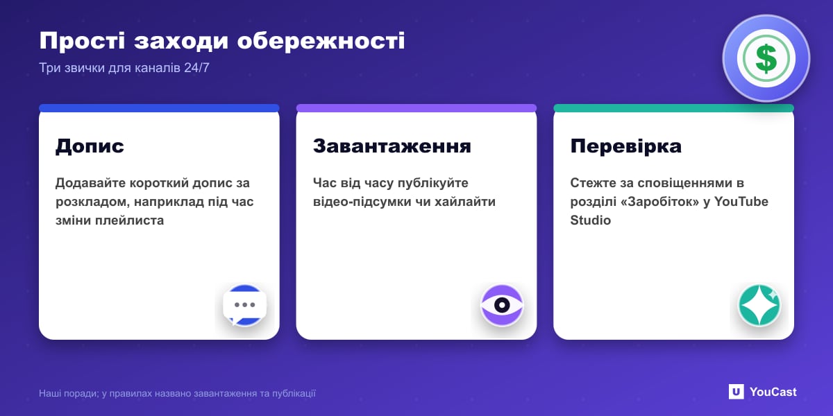 Прості заходи обережності Три звички, щоб канал 24/7 залишався активним: короткі записи, рідкісні завантаження та перевірка сповіщень YouTube Studio