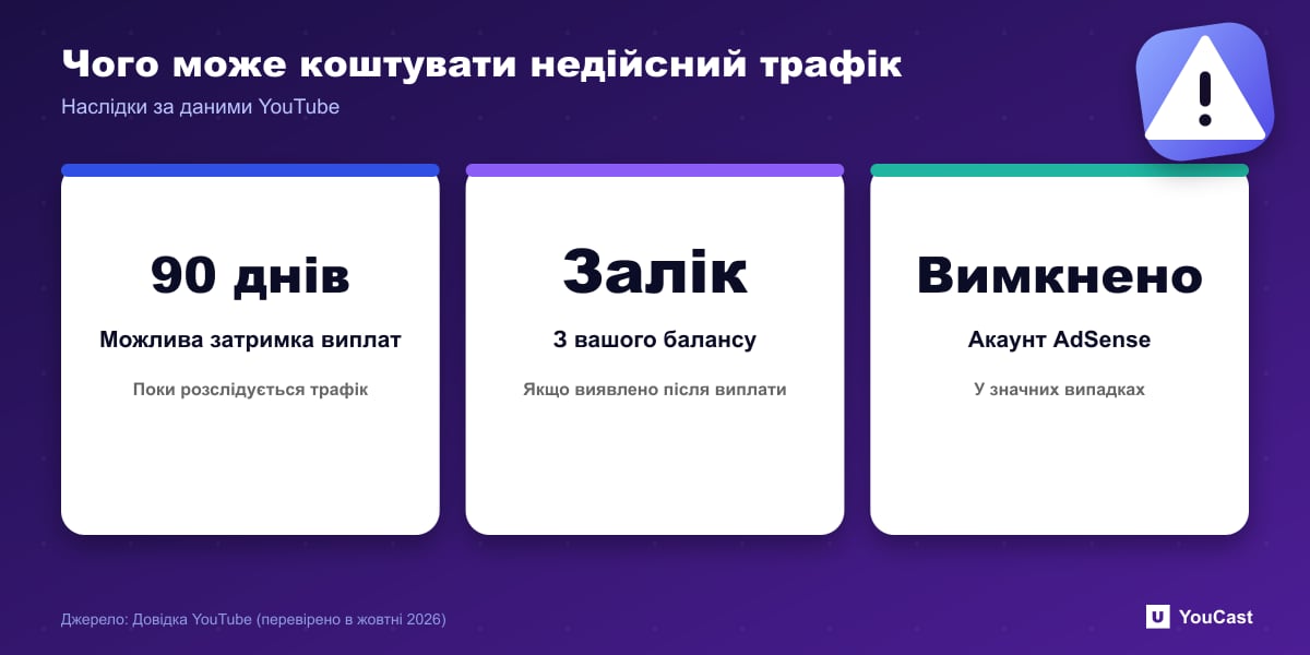 Чого може коштувати недійсний трафік Три наслідки недійсного трафіку на YouTube: затримка виплат до 90 днів, заліки з балансу, призупинення облікового запису