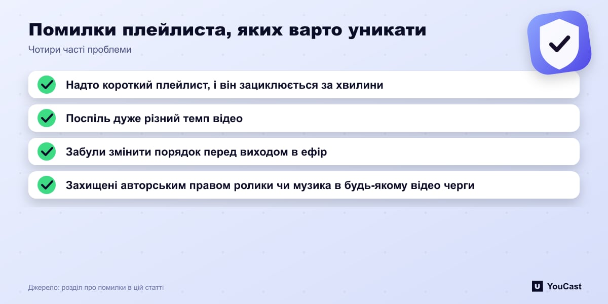 Помилки плейлиста, яких варто уникати Чотири поширені помилки плейлиста для трансляції 24/7: надто короткий, невідповідний темп, неправильний порядок, чужі кліпи