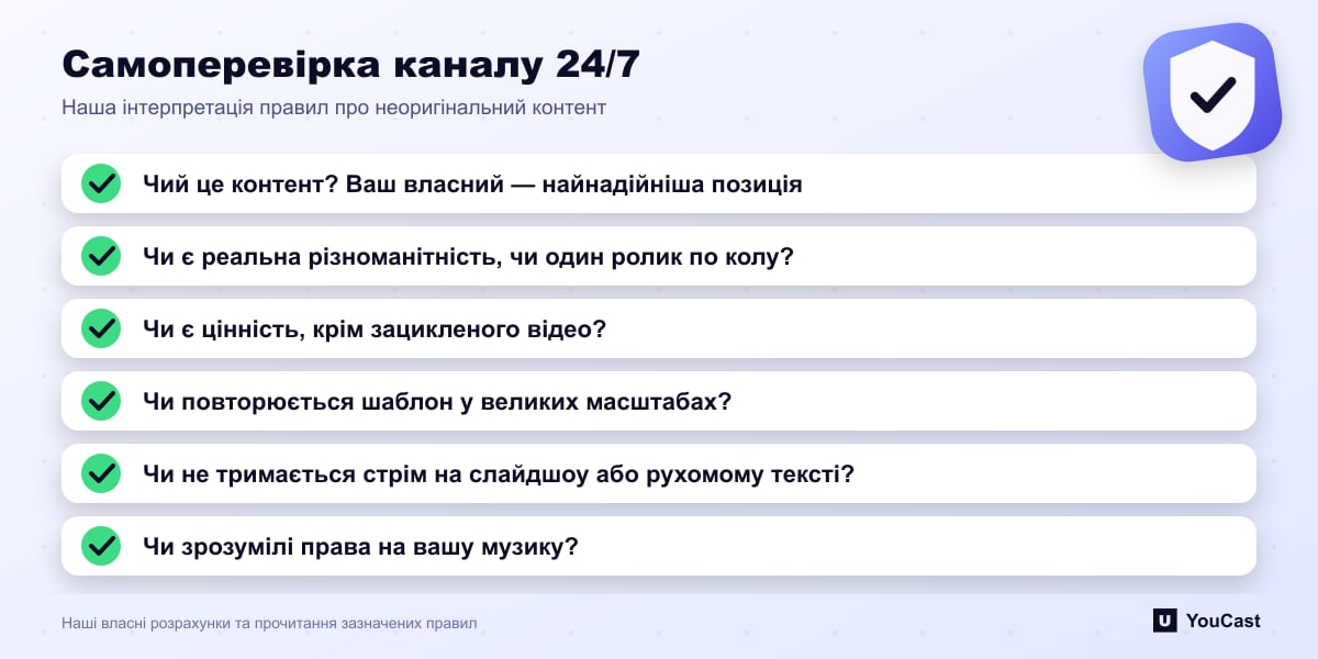Самоперевірка каналу 24/7 Чек-лист із шести запитань для перевірки каналу YouTube 24/7 за політикою щодо неоригінального контенту