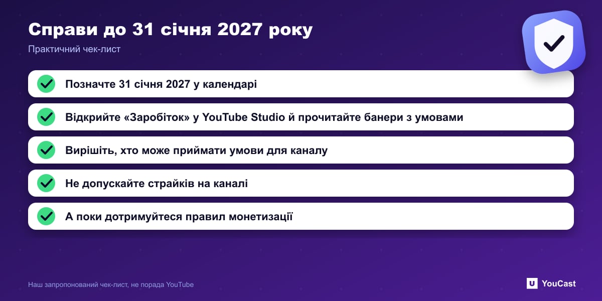 Справи до 31 січня 2027 року Чек-лист із п’яти пунктів для авторів до терміну оновлення умов Партнерської програми YouTube