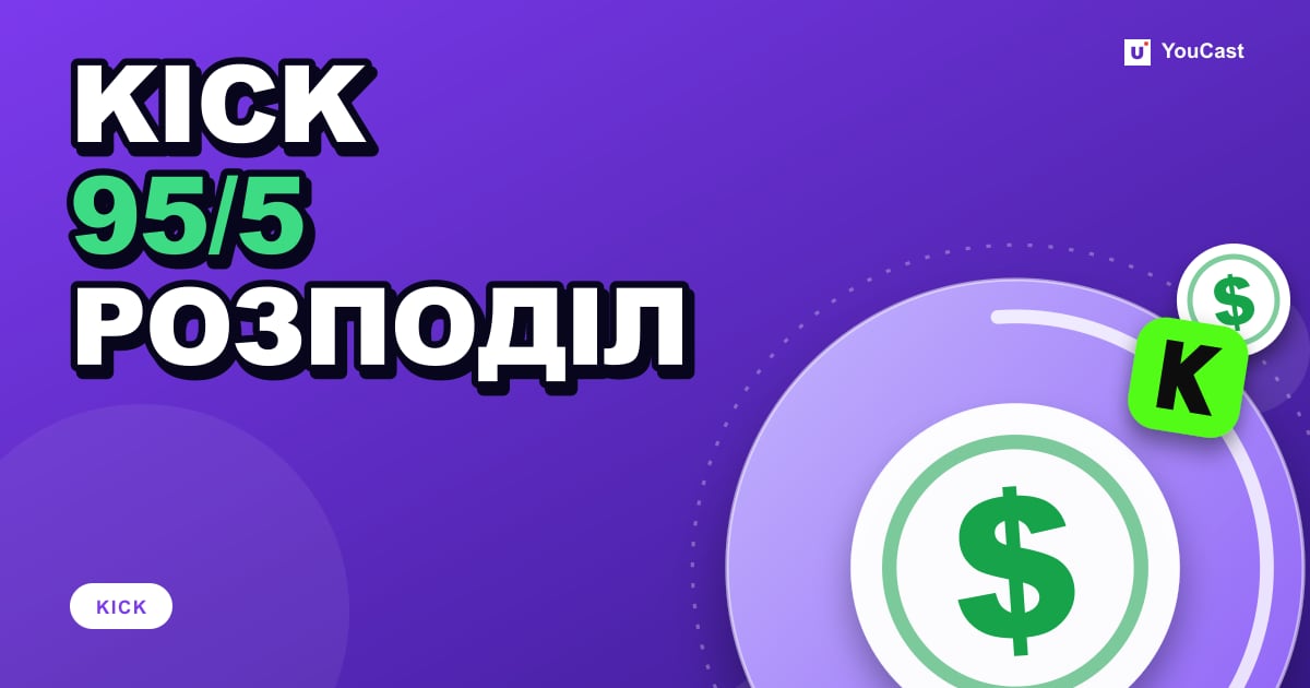 Розподіл доходу KICK: 95/5 для підписок, KICKs і Bounties Обкладинка із заголовком «KICK 95/5 РОЗПОДІЛ»