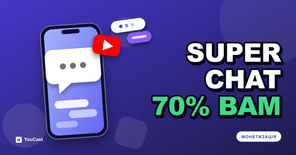 Super Chat і Super Stickers: як працює частка доходу 70% Обкладинка із заголовком «SUPER CHAT 70% ВАМ»