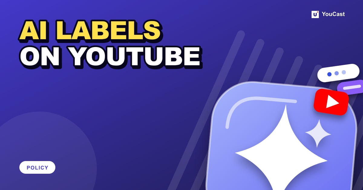 Cover graphic with the headline "AI LABELS ON YOUTUBE" and a sparkle icon