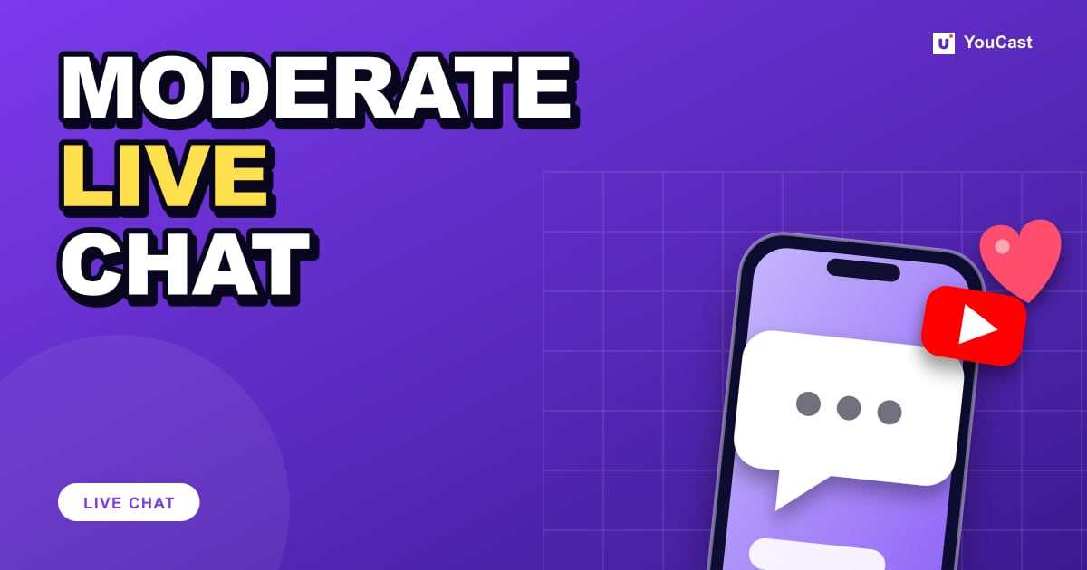 Live Chat Moderation Tools on YouTube: Slow Mode, Members-Only and More Cover graphic with the headline "MODERATE LIVE CHAT" and a chat bubble