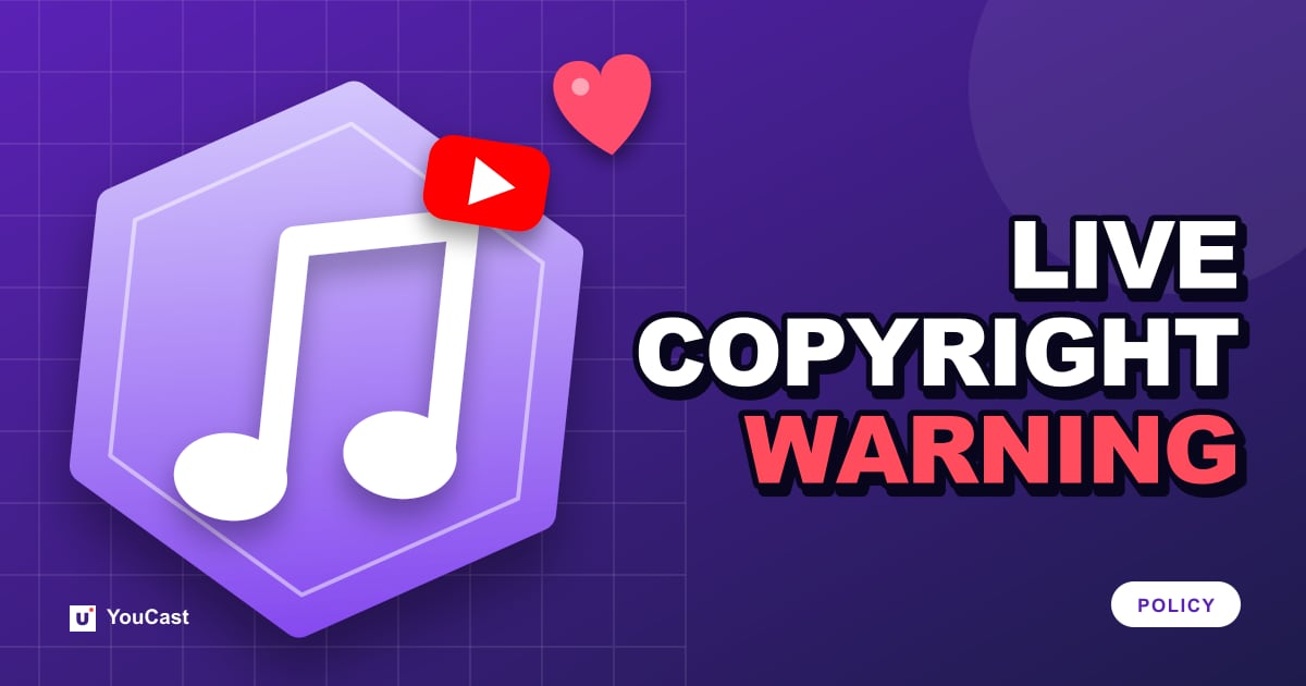 Cover graphic with the headline "LIVE COPYRIGHT WARNING" and a music note and the YouTube icon