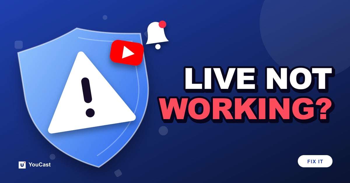 Cover graphic with the headline "LIVE NOT WORKING?" and a warning sign and the YouTube icon