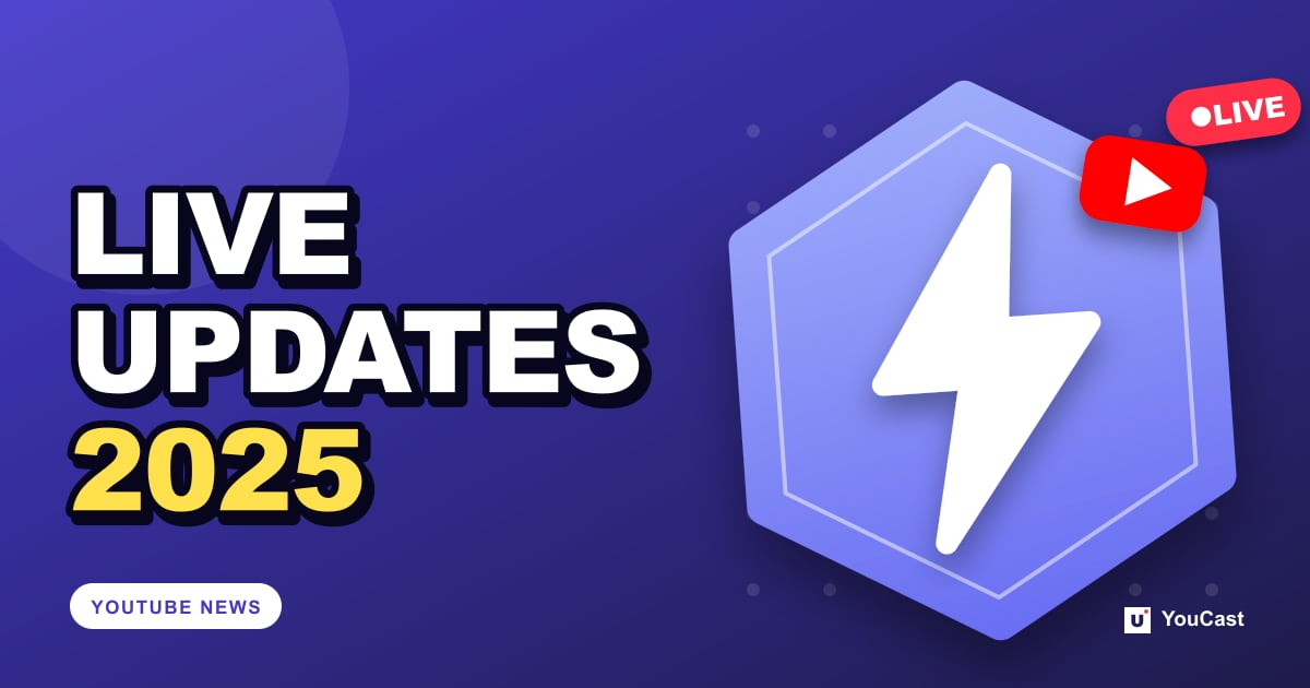 YouTube Live Updates 2025: Practice Mode, Playables, AI Highlights Cover graphic with the headline "LIVE UPDATES 2025" and a lightning bolt