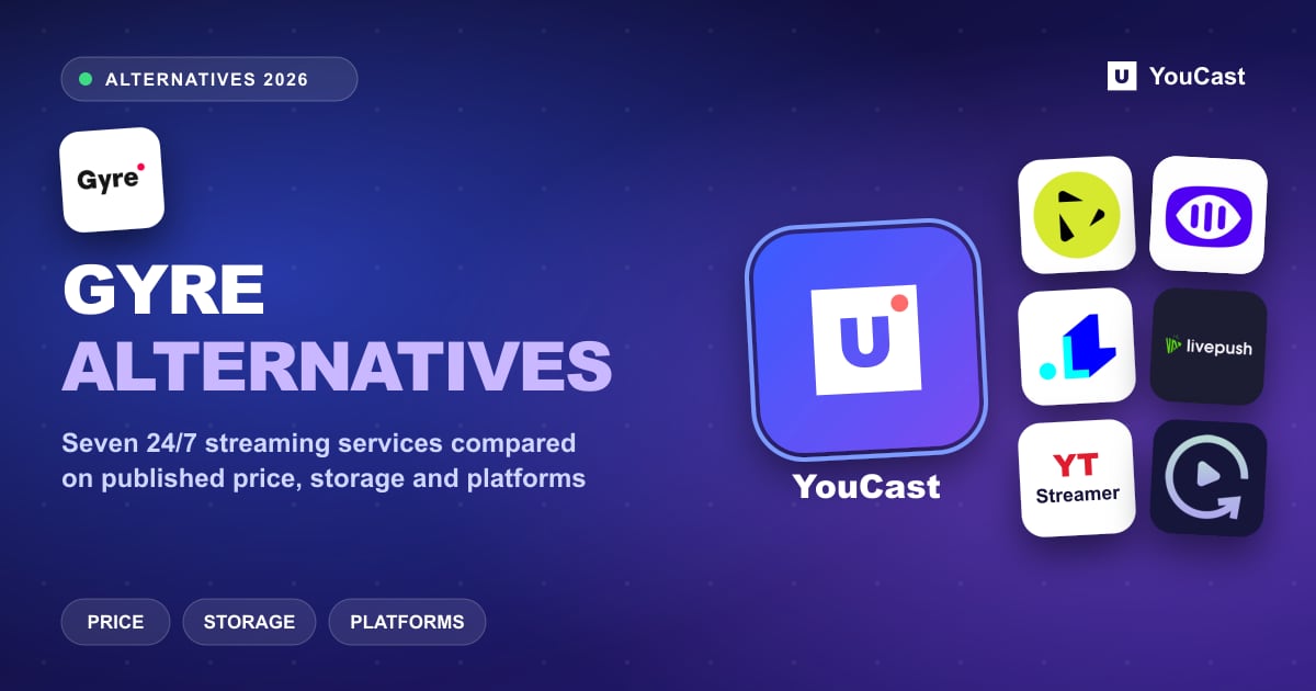 Gyre alternatives: logos of YouCast, StreamHouse, Upstream, LiveReacting, Livepush, YTStreamer and Streamloop