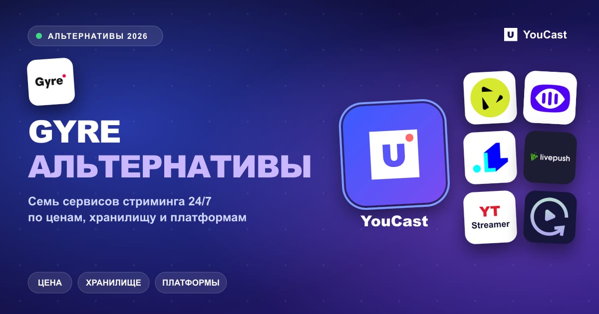 Альтернативы Gyre: логотипы YouCast, StreamHouse, Upstream, LiveReacting, Livepush, YTStreamer и Streamloop