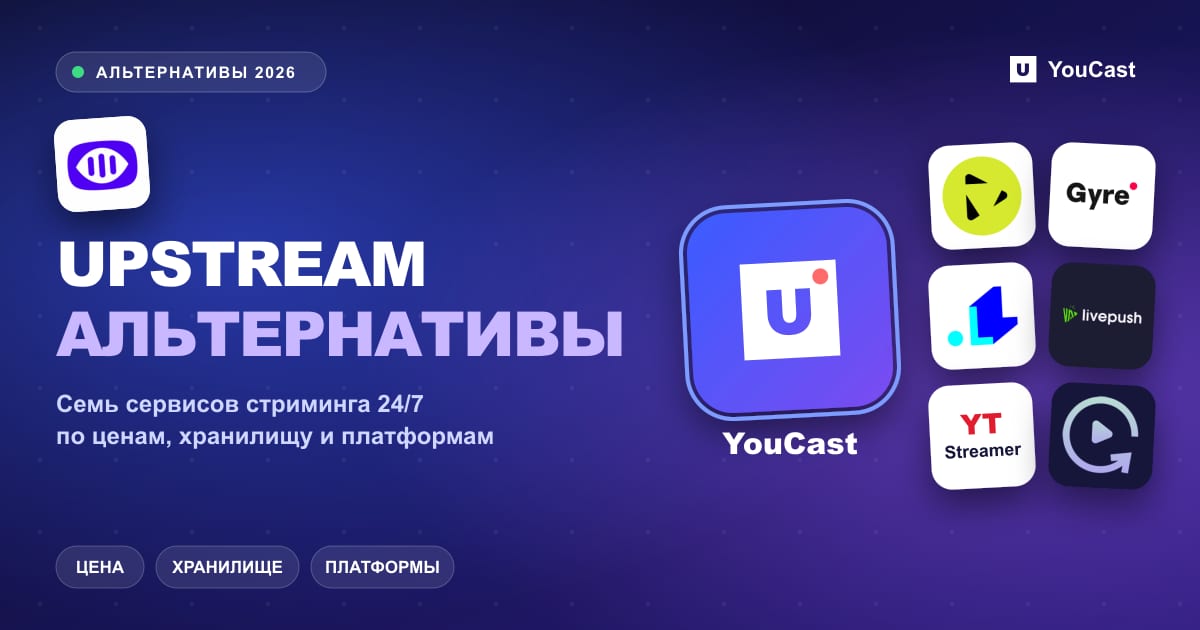 Альтернативы Upstream: логотипы YouCast, StreamHouse, Gyre, LiveReacting, Livepush, YTStreamer и Streamloop